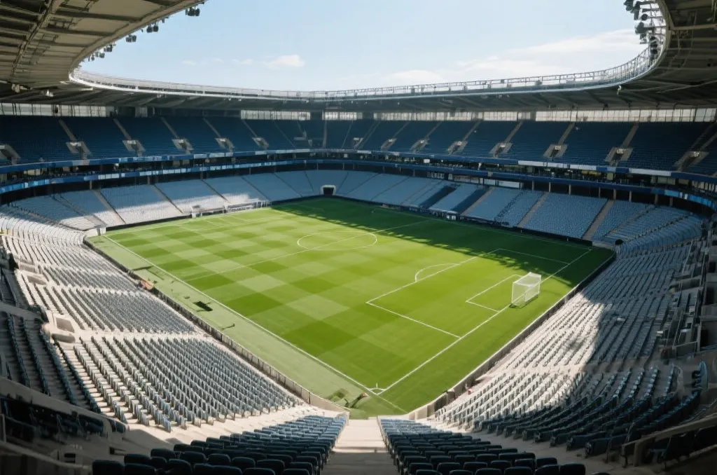 A high-angle view of a professional soccer field inside a grand empty stadium, green pitch, neat rows of seats, bright daytime lighting